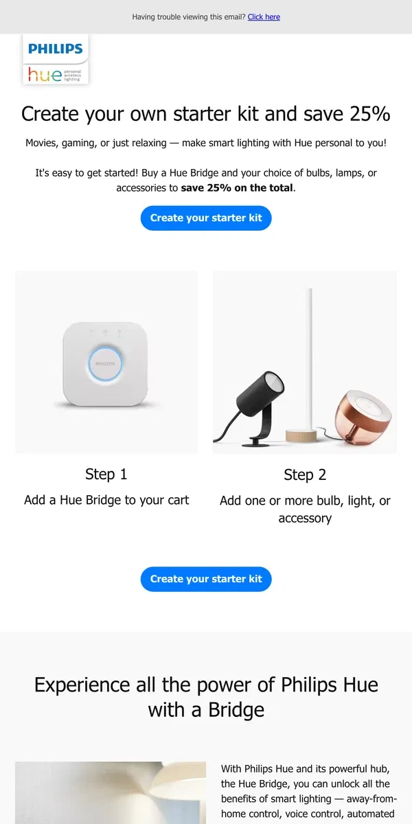 Email from Philips Hue. 25% off your bespoke starter kit