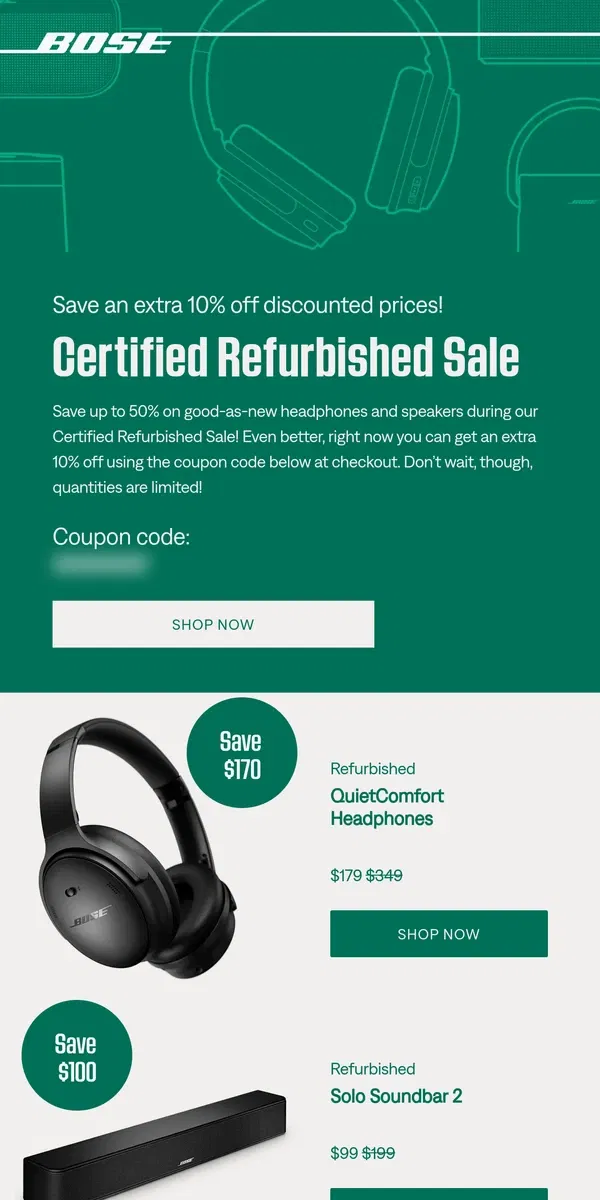 Email from Bose. 😮 Insider-only extra 10% off coupon: SAVE10