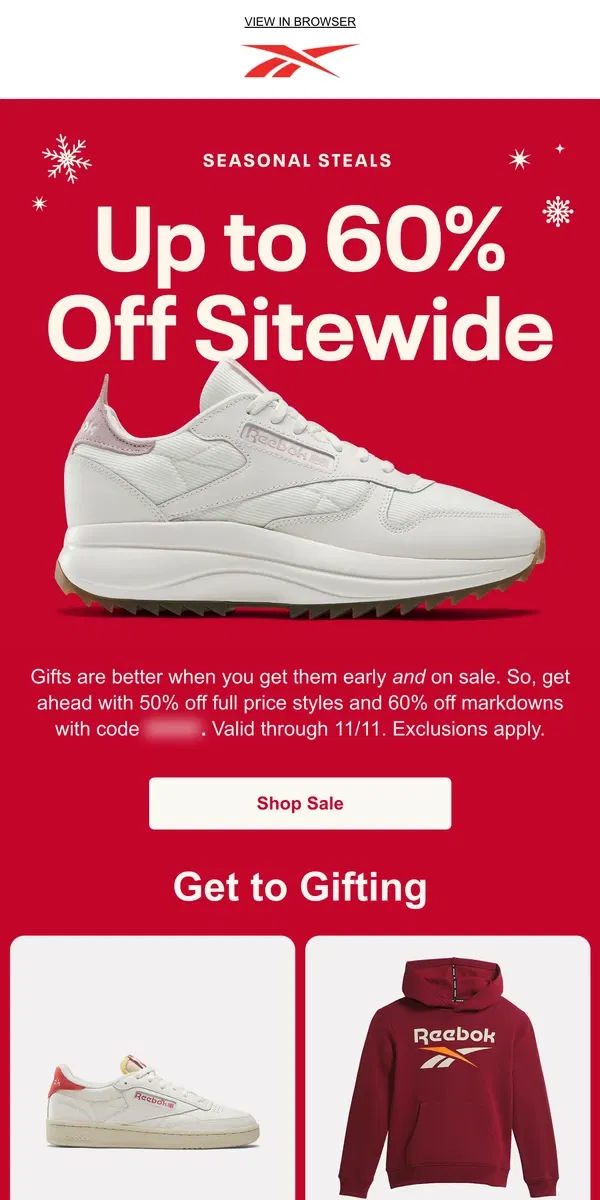 Email from Reebok. Last call for up to 60% OFF sitewide 📣