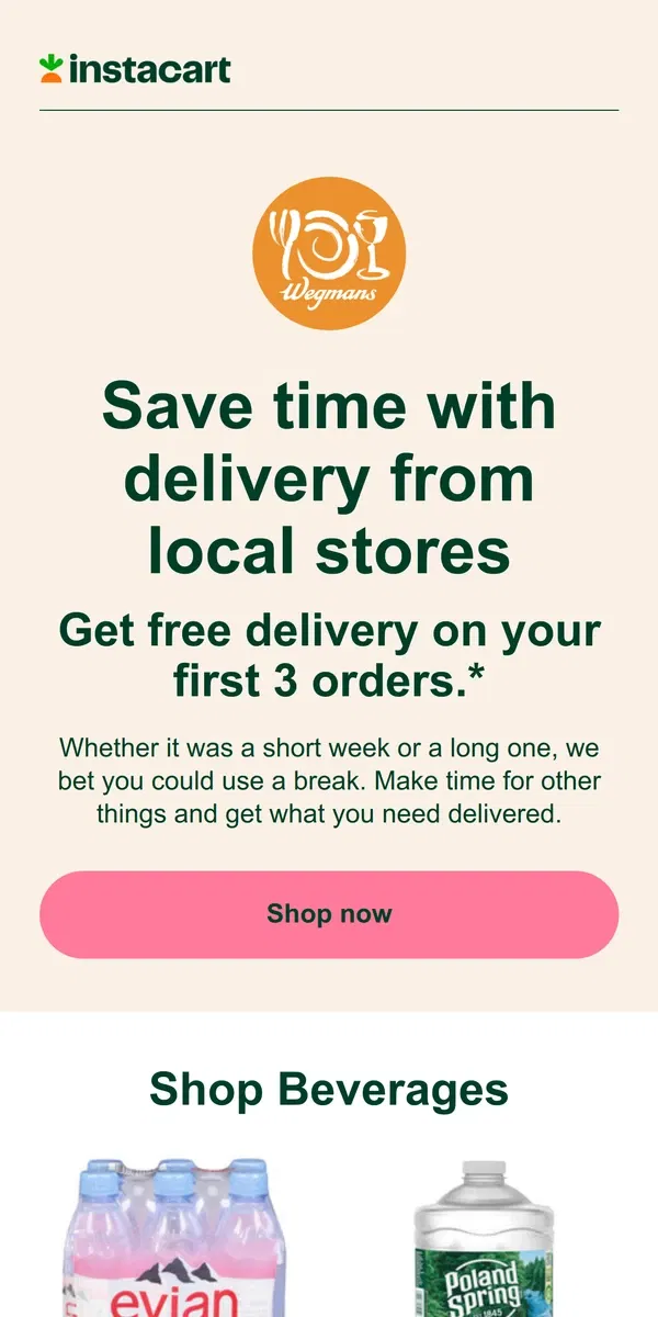 Email from Instacart. Get delivery from Wegmans through Instacart!