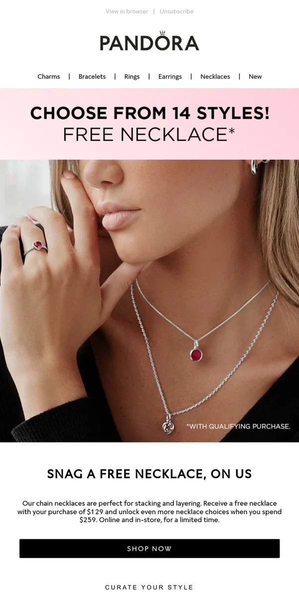 Email from Pandora Jewelry. Haven’t claimed your free necklace yet? Now’s your chance!