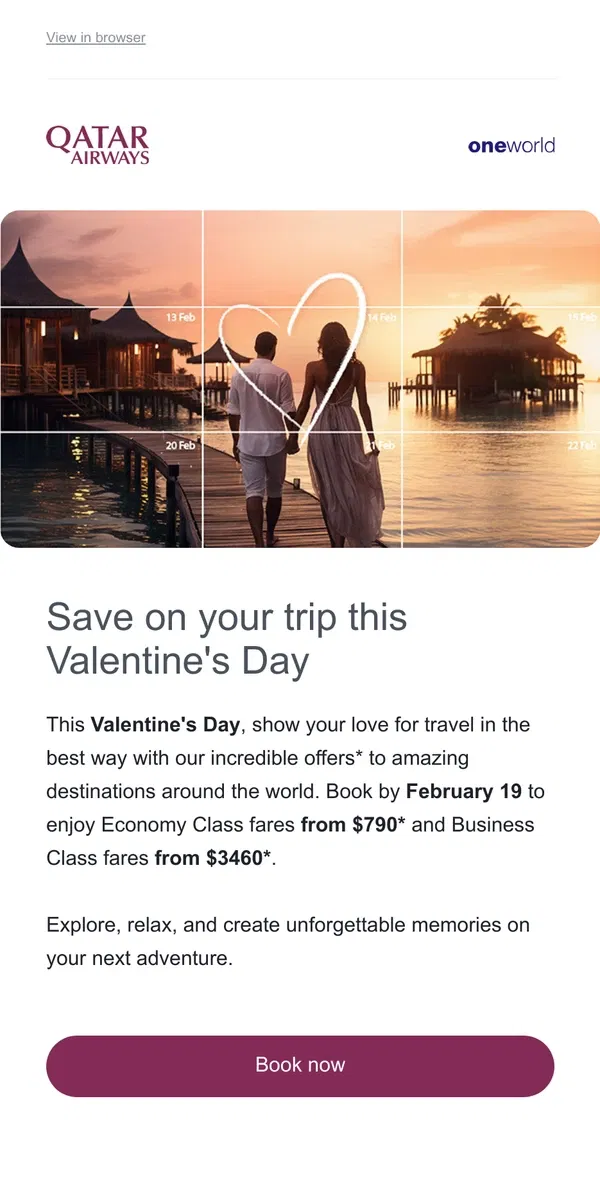 Email from Qatar Airways. Fall in love with our Valentine's offers