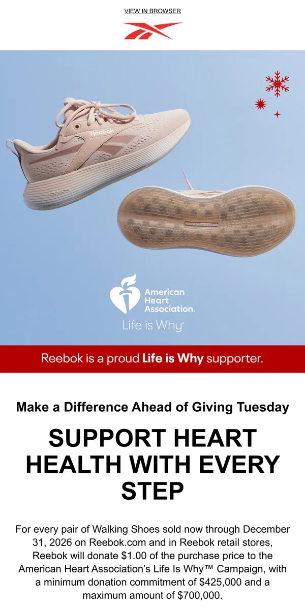 Email from Reebok. ❤️ Walking shoes for an early Giving Tuesday ❤️