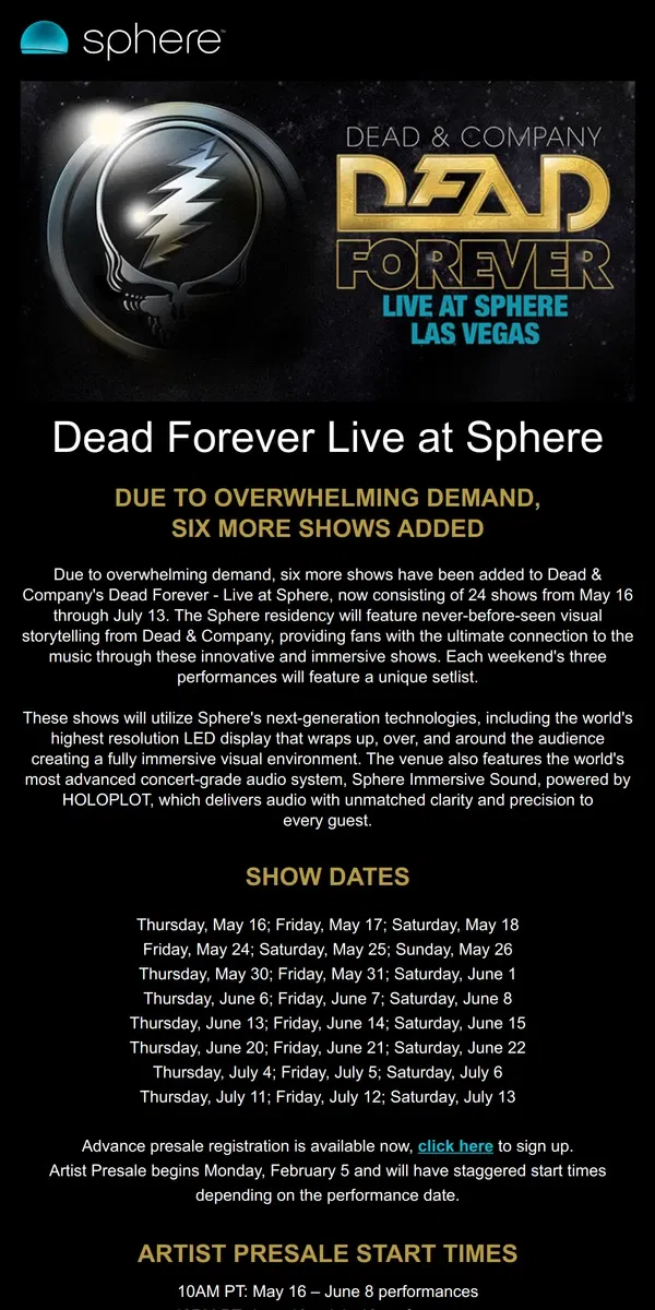 Email from Sphere. Dead & Company Adds Six More Shows Due to Overwhelming Demand