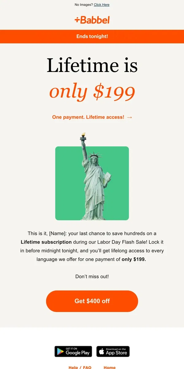 Email from Babbel. 👋 Goodbye, $199 Lifetime access