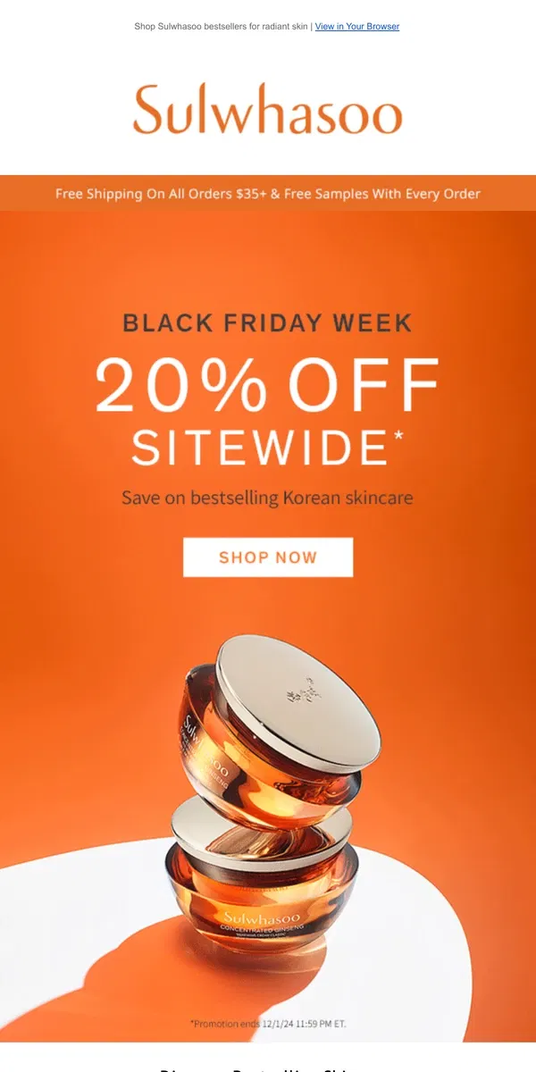 Email from Sulwhasoo. Black Friday Week 20% Off Continues