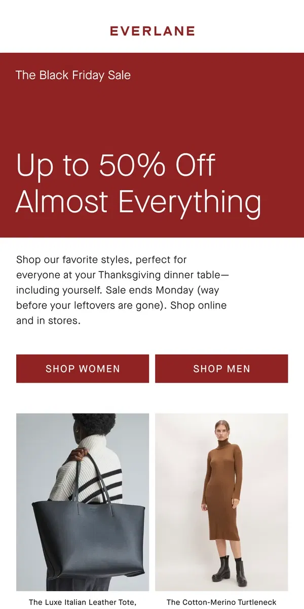 Email from Everlane. A Thanksgiving Treat: Save 50% Off