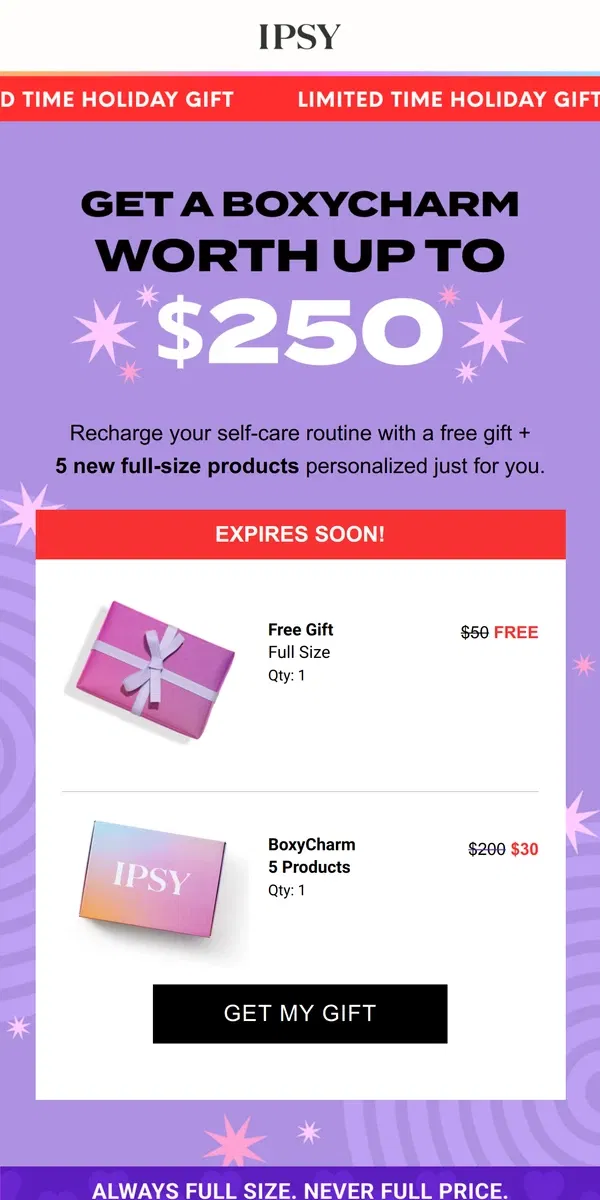 Email from BoxyCharm by IPSY. CONGRATS! IPSY sent you a free gift.