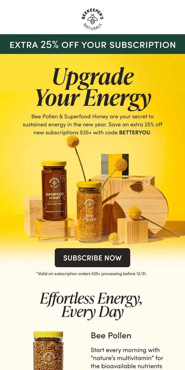 Email from Beekeeper's Naturals. Get Energized (& Stay Energized) in 2025 🐝