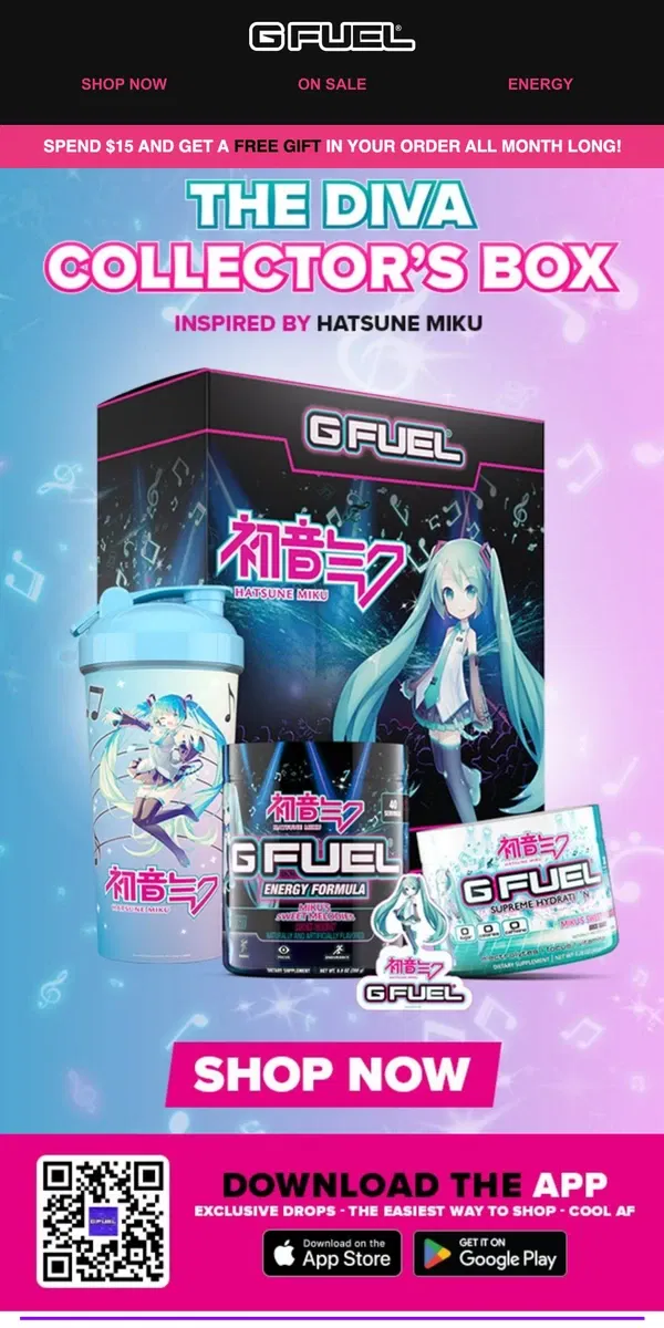 Email from G FUEL. MIKU’S SWEET MELODIES DIVA COLLECTOR’S BOX is Back in Stock!