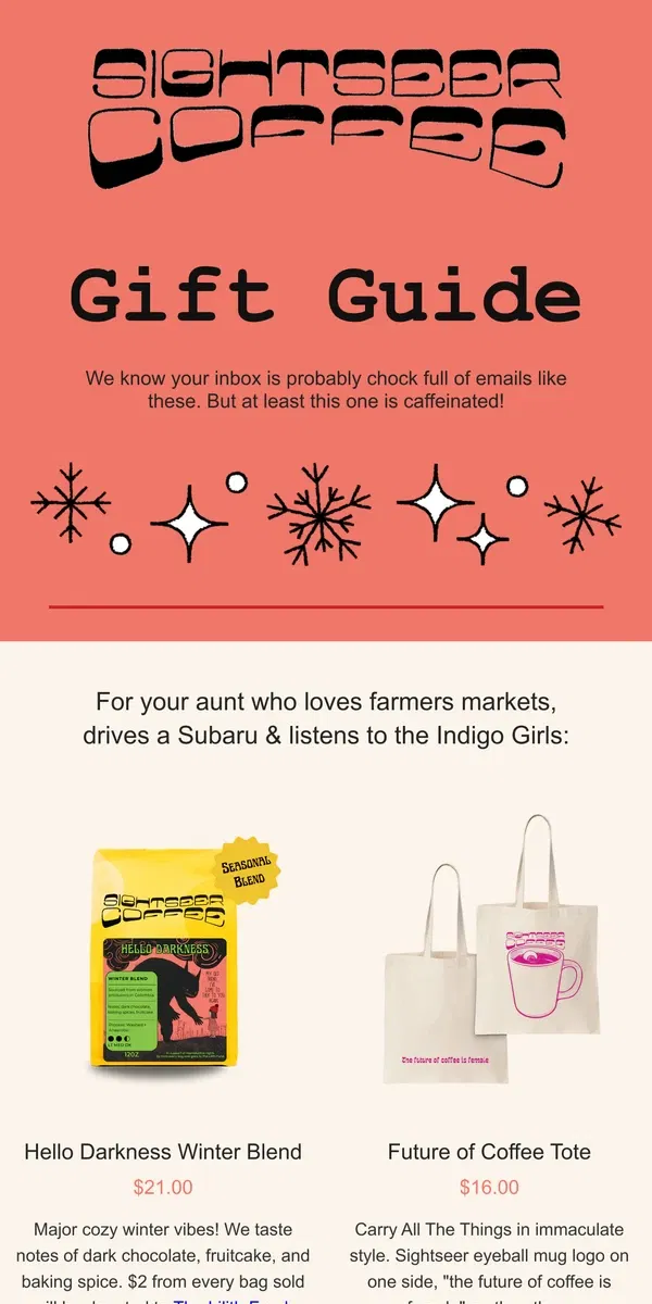 Email from Sightseer Coffee. The Sightseer holiday gift guide! 🎁