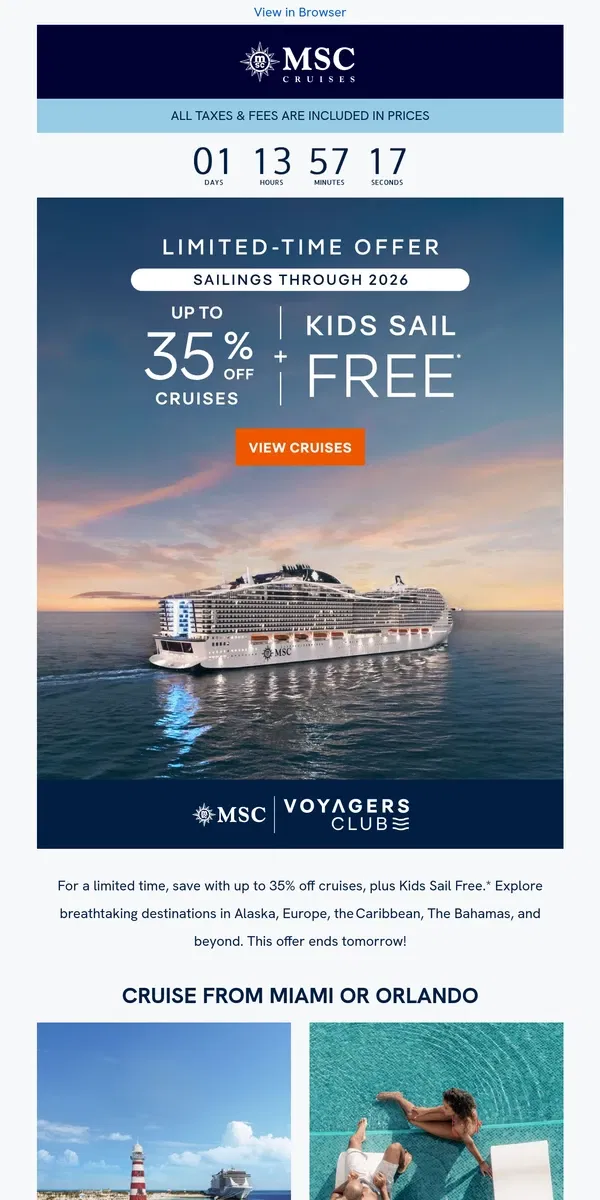 Email from MSC Cruises. Two Days Left to Sail With Style, Comfort, & Savings!