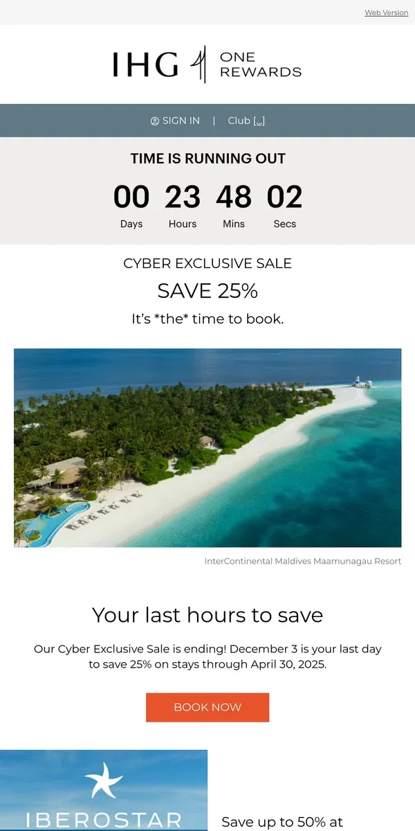 Email from IHG Hotels & Resorts. Last chance: hours left for Cyber savings