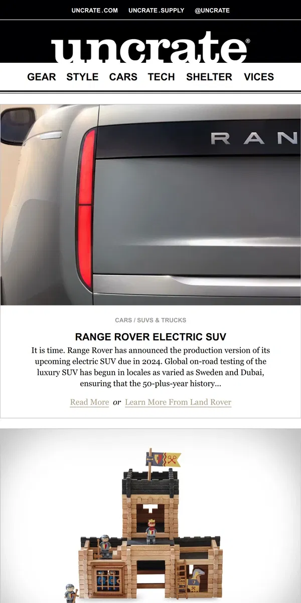 Email from Uncrate. Range Rover Electric SUV & more