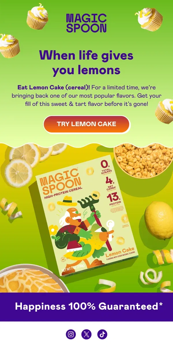 Email from Magic Spoon Cereal. LEMON CAKE IS BACK 🍋