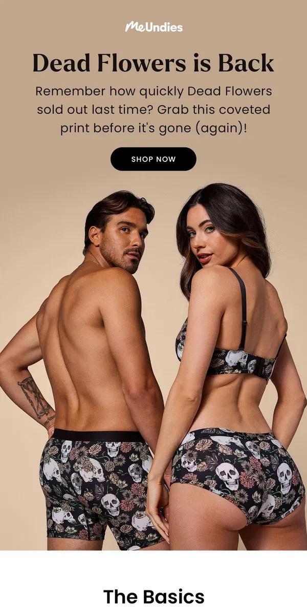 Email from MeUndies. Back in Stock: Dead Flowers