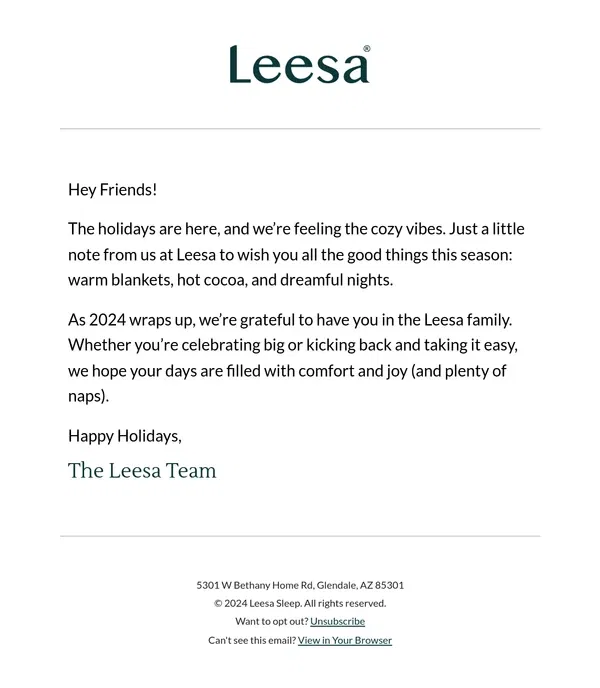 Email from Leesa. Happy Holidays from the Leesa Team