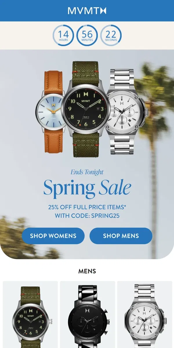 Email from MVMT. Spring Sale ends tonight