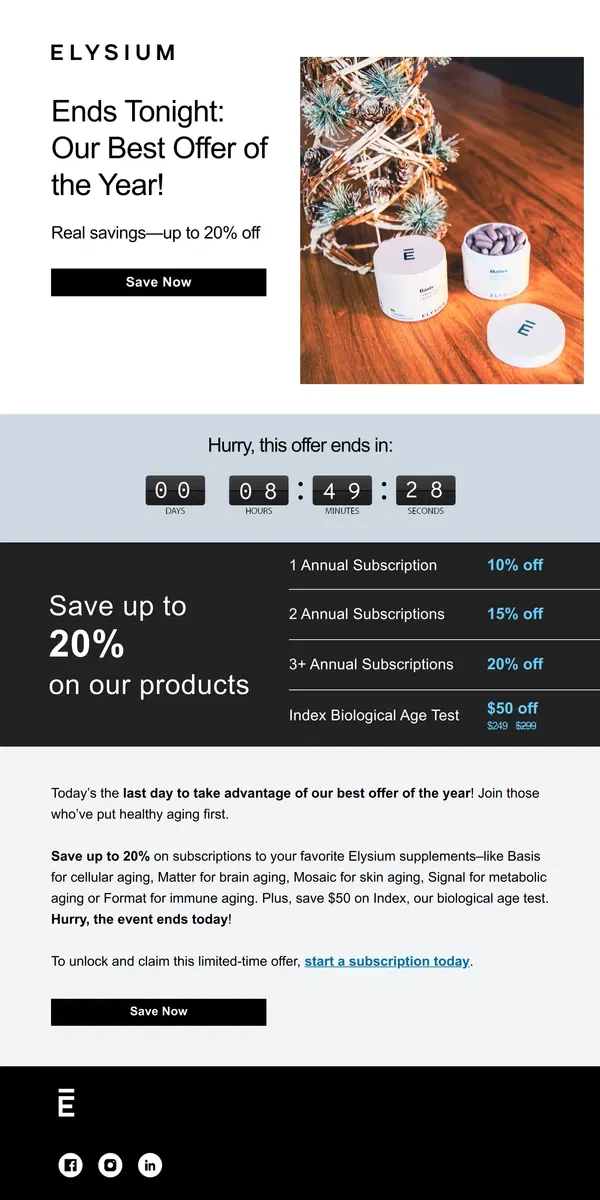 Email from Elysium Health. Final hours to save up to 20%.