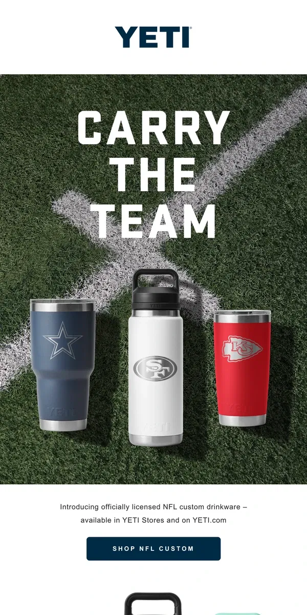 Email from YETI. New NFL X YETI Drinkware