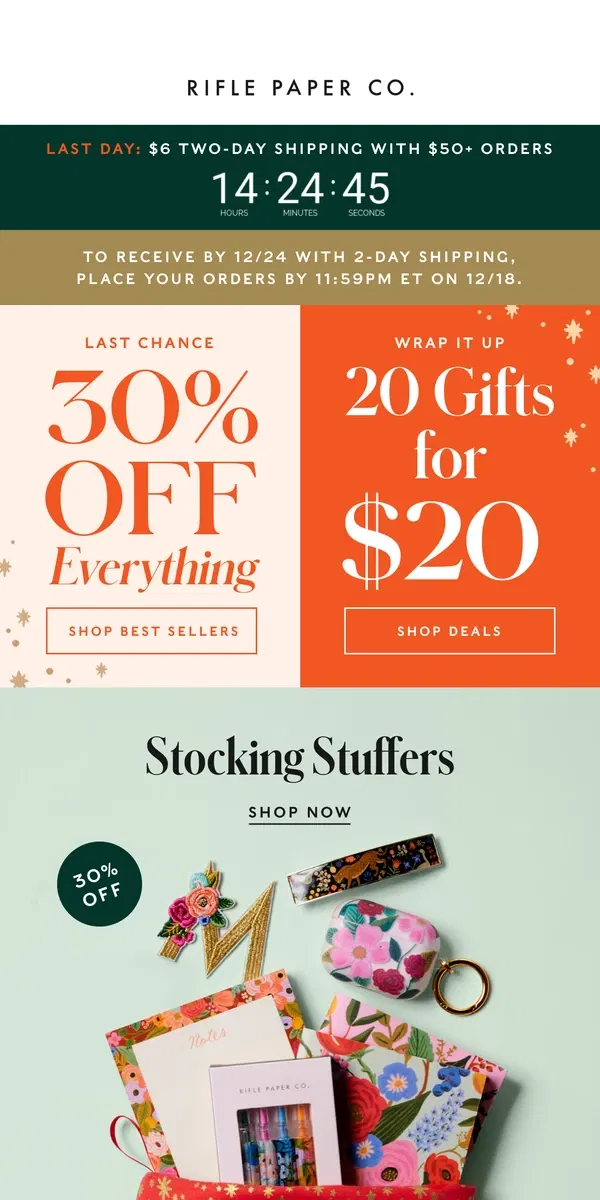 Email from Rifle Paper Co.. ENDS TONIGHT 📣 30% Off Everything | 20 for $20