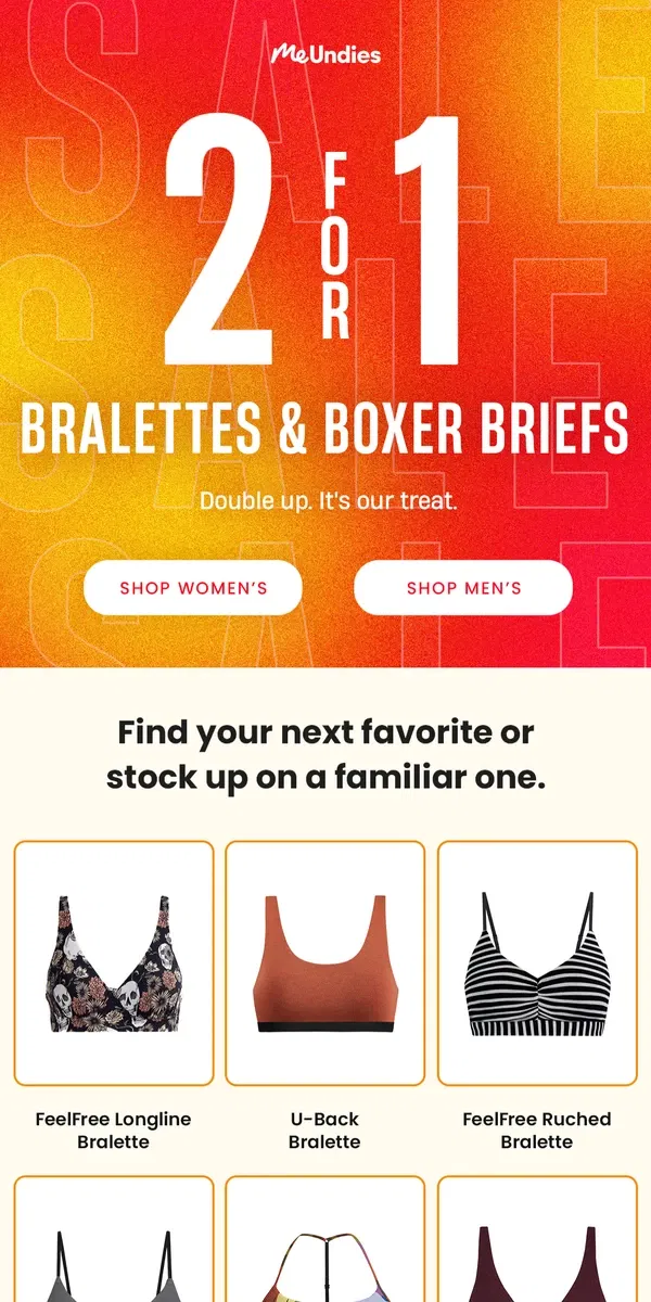 Email from MeUndies. SALE: 2-for-1 Bras & Boxer Briefs