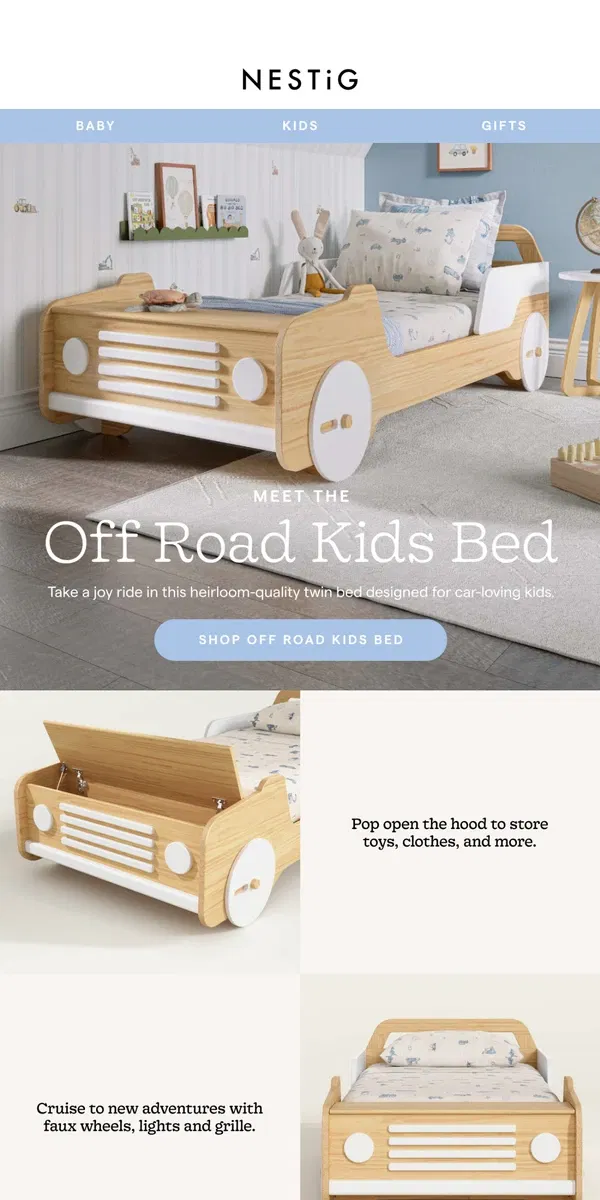 Email from Nestig. The Dream Car Bed for Kids