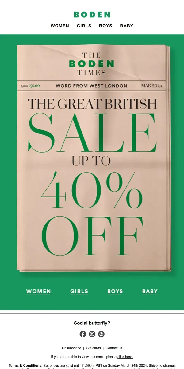 Email from Boden. The up to 40% off Great British sale has landed