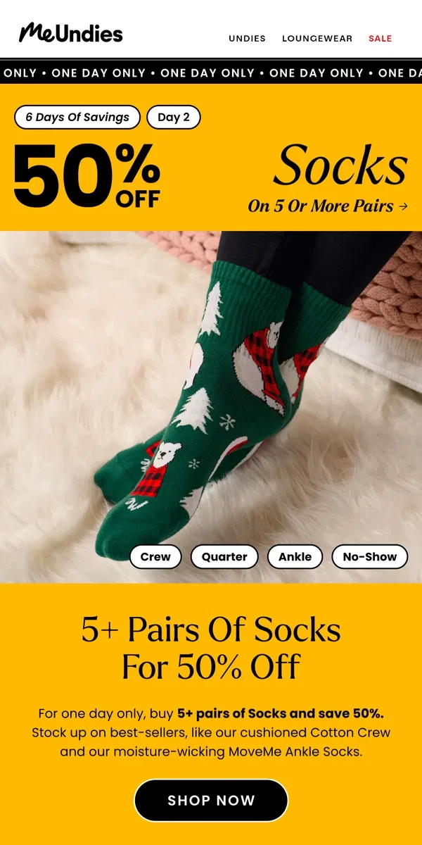 Email from MeUndies. 50% Off Socks!