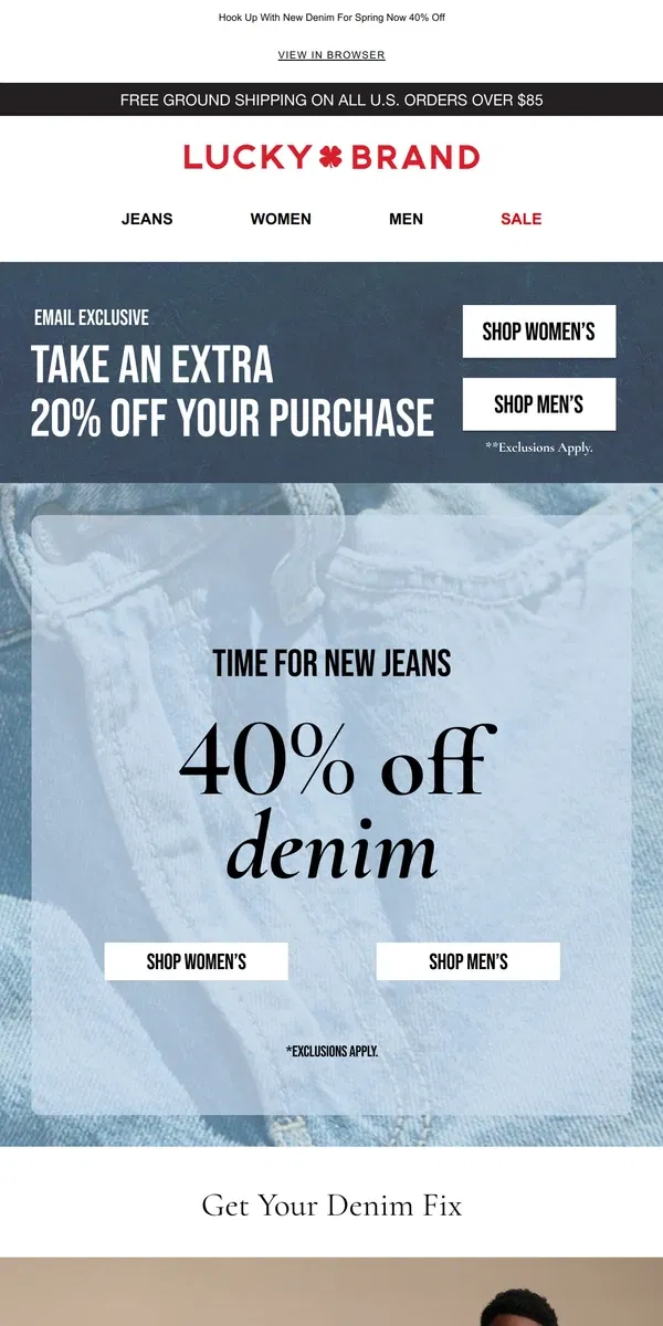 Email from Lucky Brand. STARTING TODAY! Extra 20% Off Your Purchase