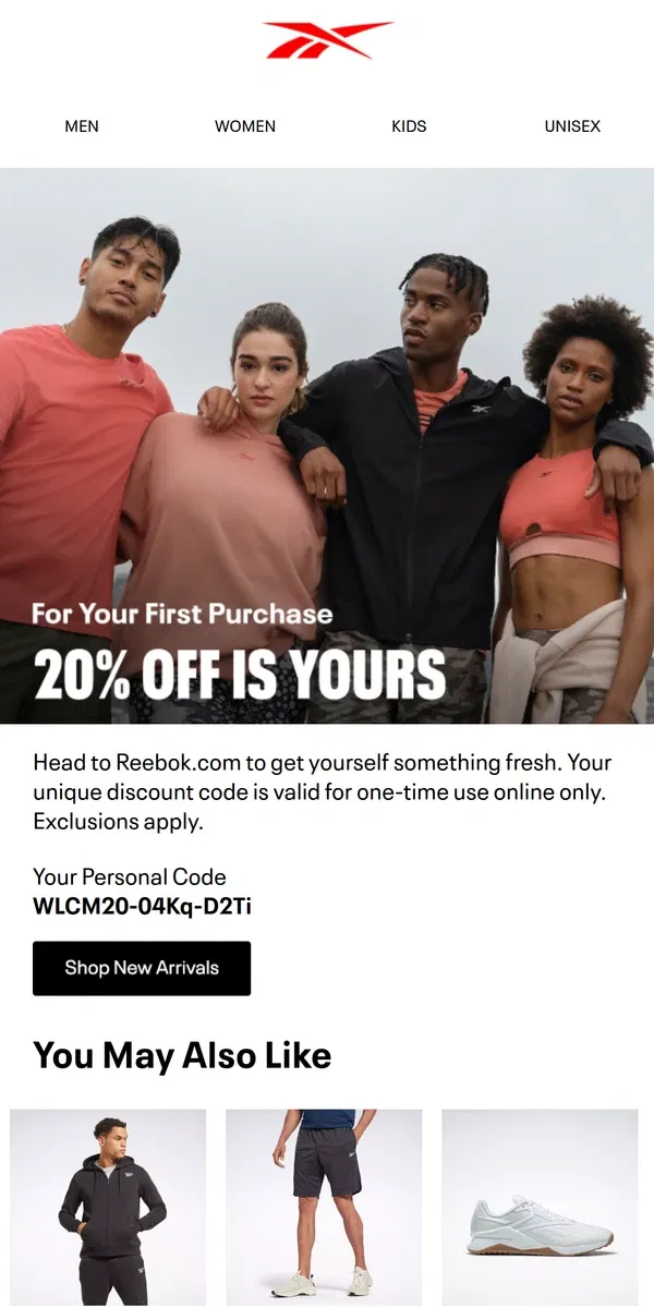 Email from Reebok. Take 20% off your first purchase