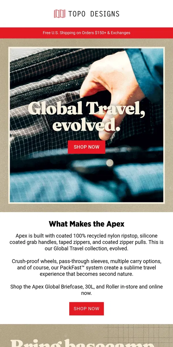 Email from Topo Designs. Global Travel, evolved