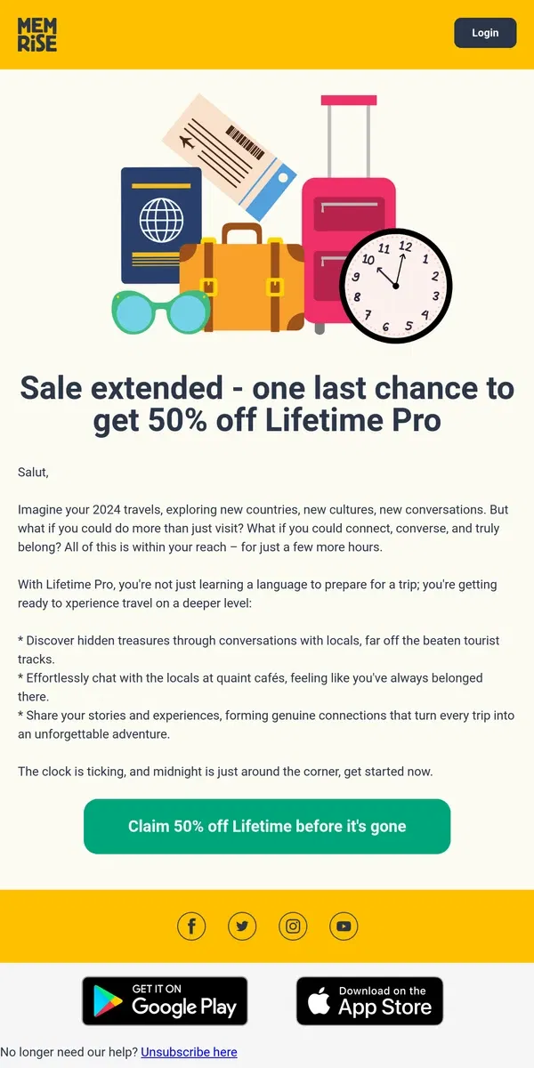 Email from Memrise. Sale extended - one last chance to get 50% off Lifetime Pro