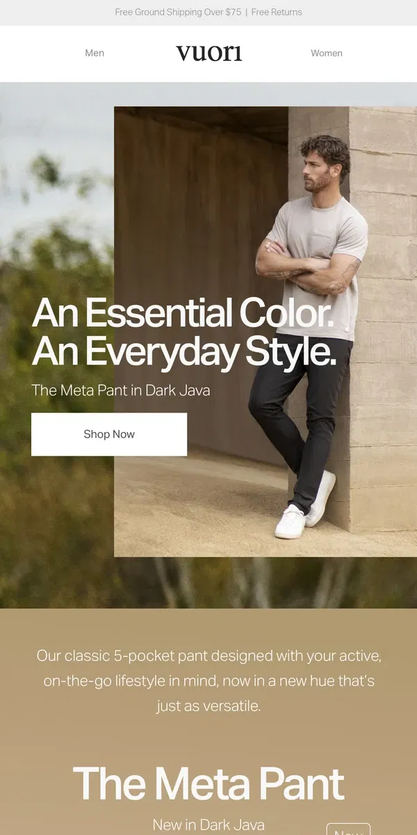 Email from Vuori. New Color Alert: The Meta Pant In Dark Java