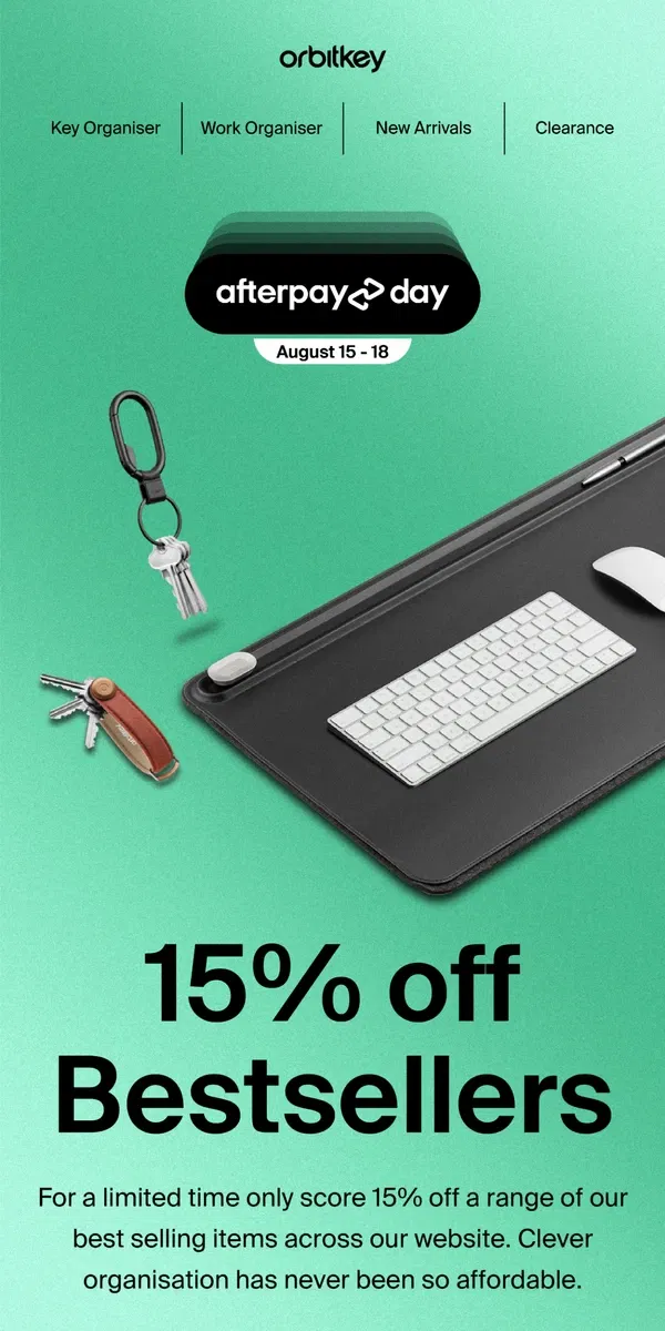 Email from Orbitkey. Score yourself 15% off our Bestsellers!