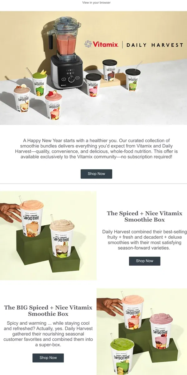 Email from Vitamix. Daily Harvest Smoothie Bundles for a Healthy New Year