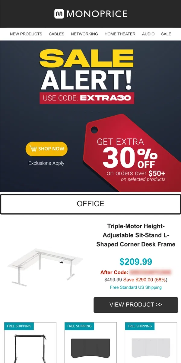 Email from Monoprice. HOT DEAL | Triple-Motor L-Shaped Sit-Stand Corner Desk Frame ONLY $209.99 (Save $290!)