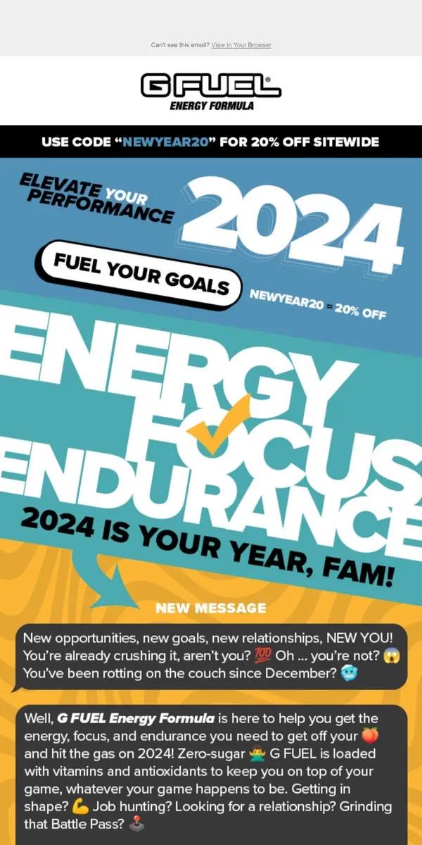 Email from G FUEL. Fuel Your Ambitions with G FUEL for 2024! 🚀