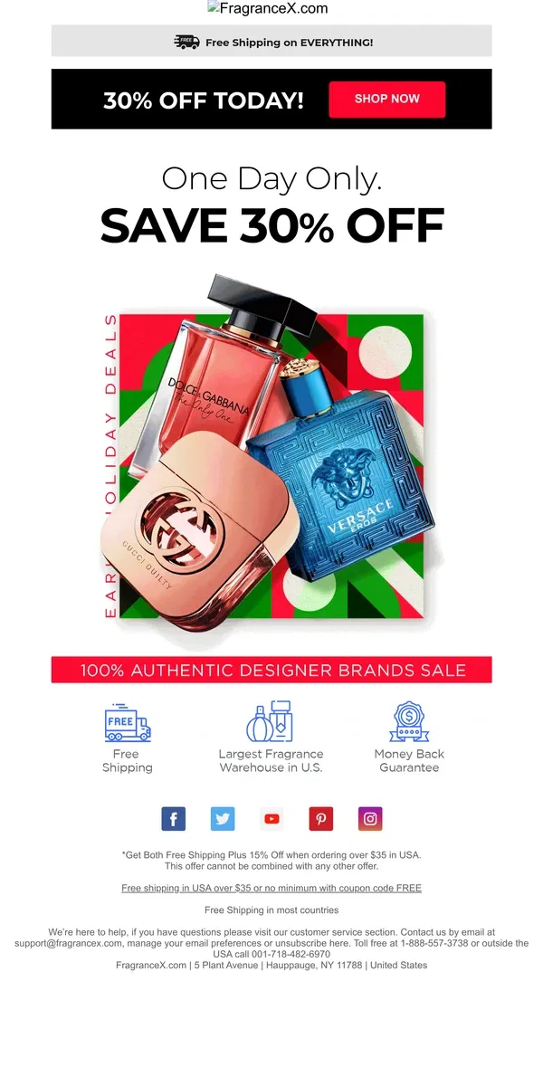 Email from FragranceX. Early Holiday Savings.    Save 30% Today