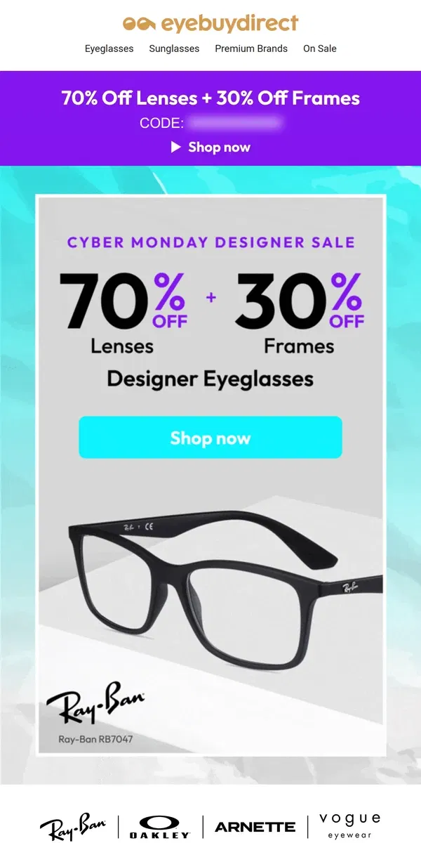 Email from Eyebuydirect. 🏃‍♀️🕐  70% Off Lenses + 30% Off Designer Eyeglasses Frames 💸💸