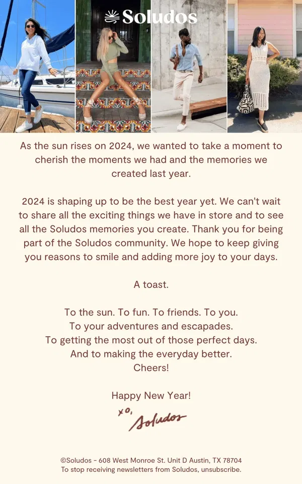 Email from Soludos. A Toast to You & 2024 🥂