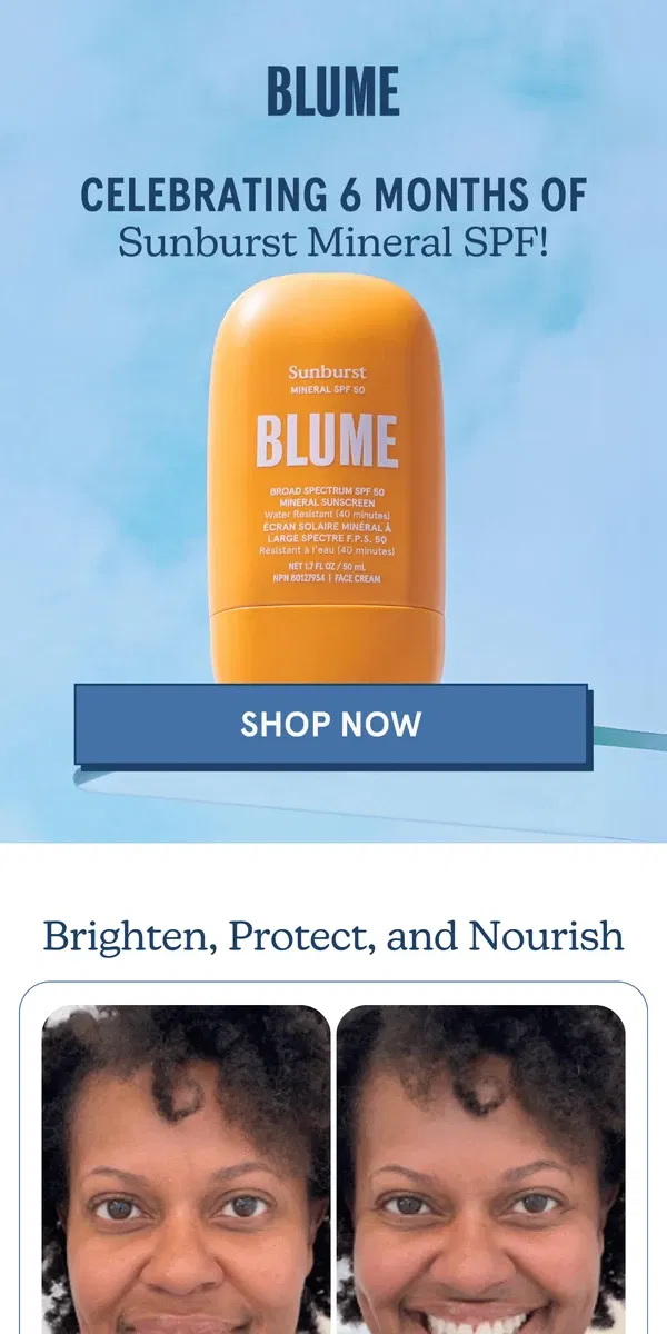 Email from Blume. Celebrating Sunburst 🌟