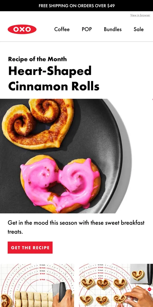 Email from OXO. Warm Hearts with Heart-Shaped Cinnamon Rolls