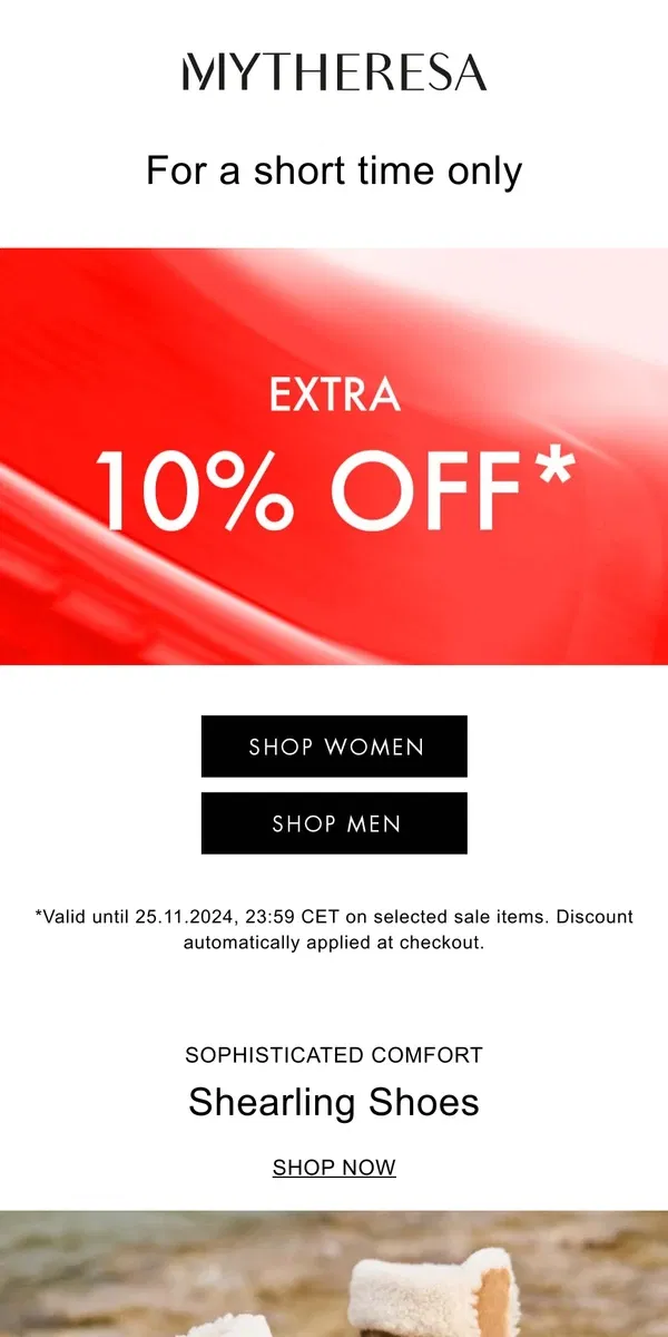 Email from Mytheresa. Extra 10% off selected sale items, for a short time only