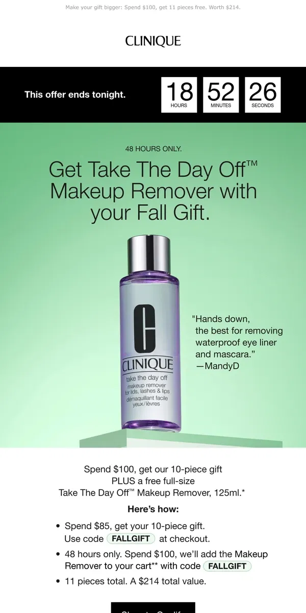 Email from Clinique. ENDS TONIGHT. Get a full-size makeup remover with your Fall Gift.