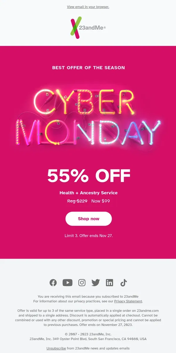 Email from 23andMe. Last day: 55% off Health + Ancestry Service