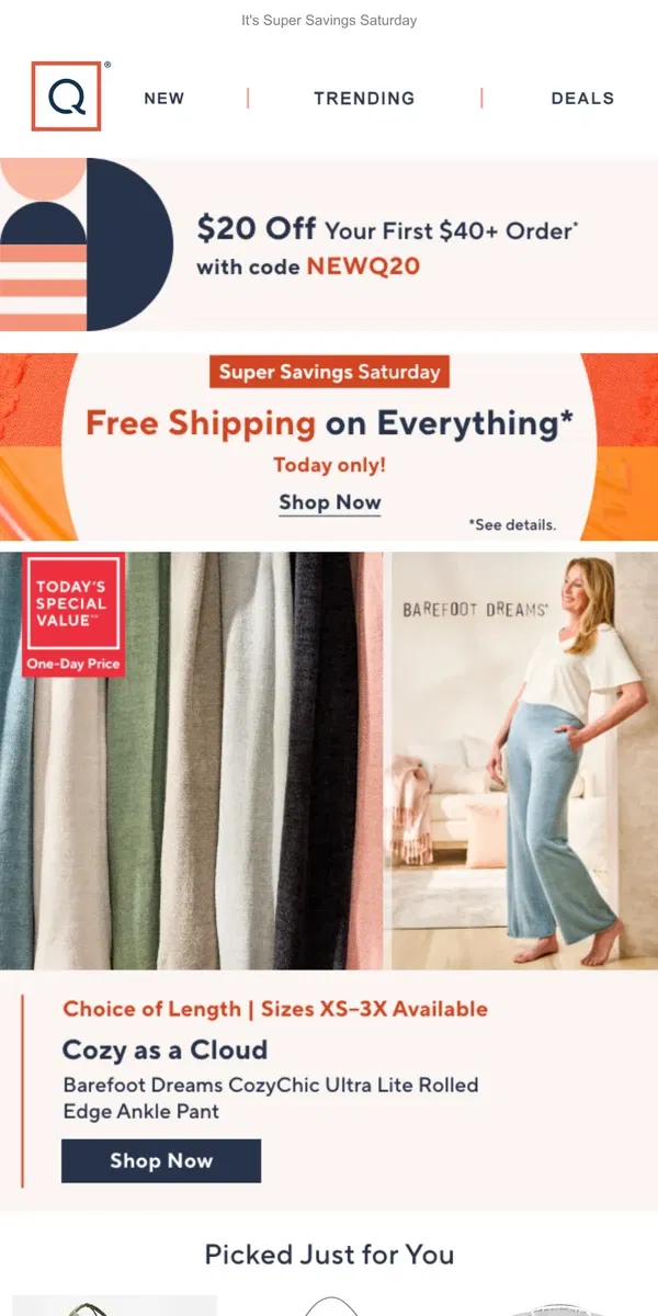 Email from QVC. Today! Free Ship +Get $20 Off