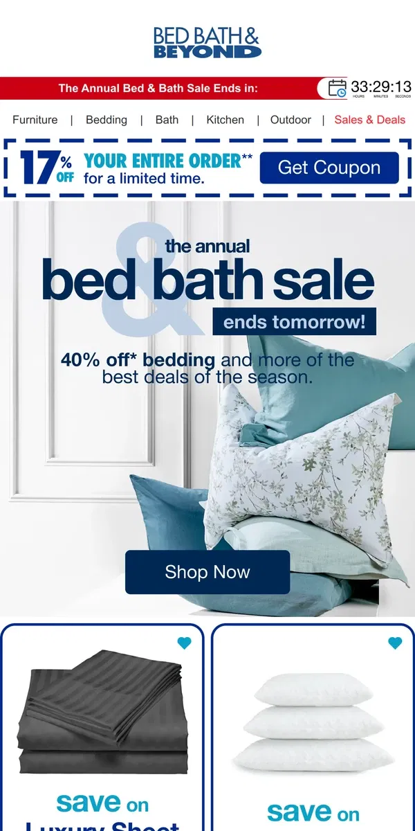 Email from Bed Bath & Beyond. Ending Soon: Our Annual Bed & Bath Sale is Almost Gone 😲