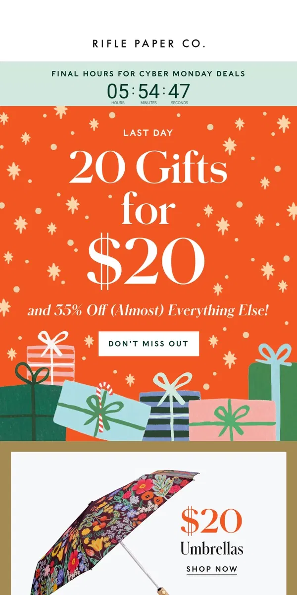 Email from Rifle Paper Co.. ❗FINAL CHANCE❗ 20 Gifts for $20 | 35% Off Almost Everything Else!