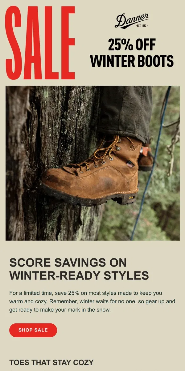 Email from Danner. Warm Up With 25% Off Insulated Boots